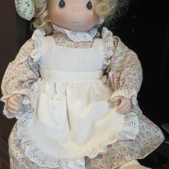 Precious Moments Doll with Floral Dress and White Apron - Picture 1 of 3